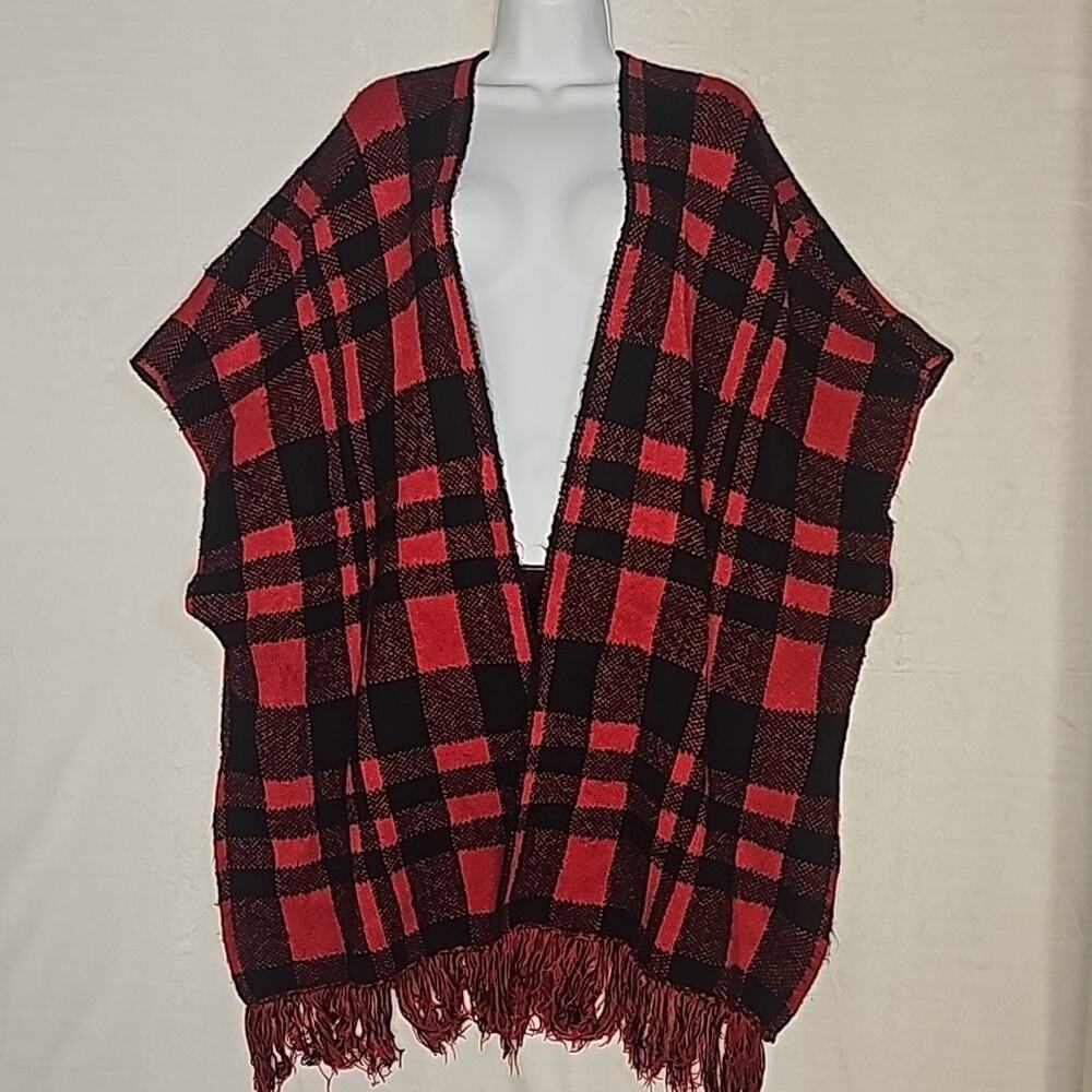 Women's Red & Black Shaw with Sewn Arm Slits, Fringe Bottom and Side Slits